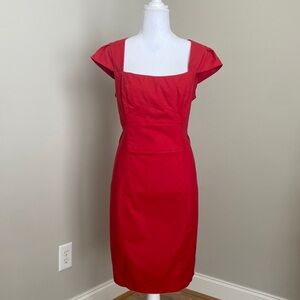 Red Square Neck Cap Sleeve Midi Sheath Dress​